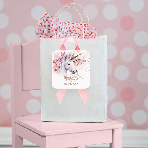Mystical Unicorn Floral Girl 5th Birthday Party Square Sticker