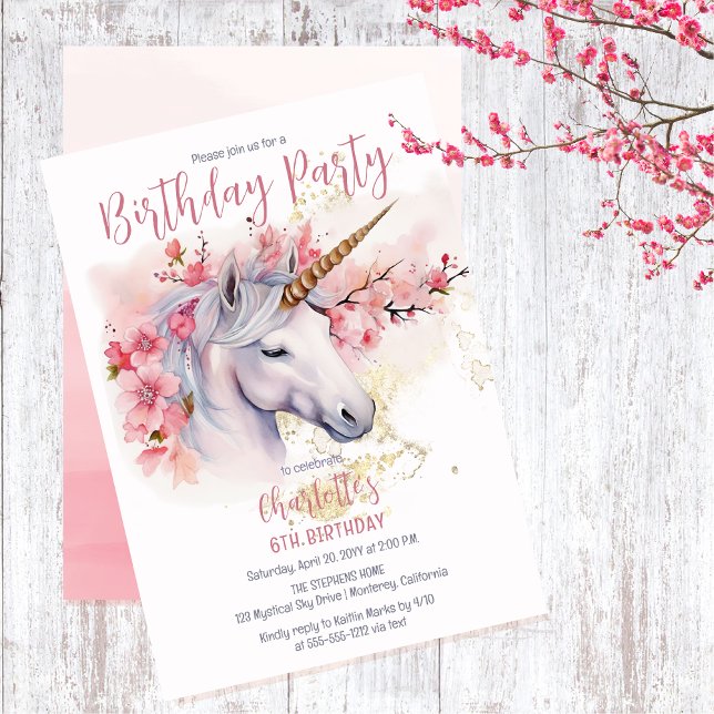 Mystical Unicorn Floral Girl 6th Birthday Party Invitation (Unicorn Mythical Creature and Pink Cherry Blossom Floral 6th Birthday Party Invitation)