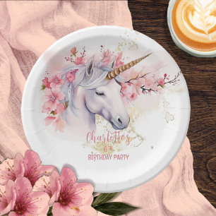 Mystical Unicorn Floral Girl 6th Birthday Party Paper Plates