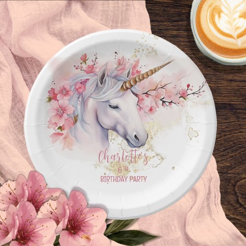 Mystical Unicorn Floral Girl 6th Birthday Party Paper Plates