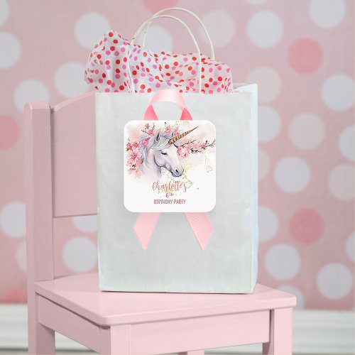 Mystical Unicorn Floral Girl 6th Birthday Party Square Sticker