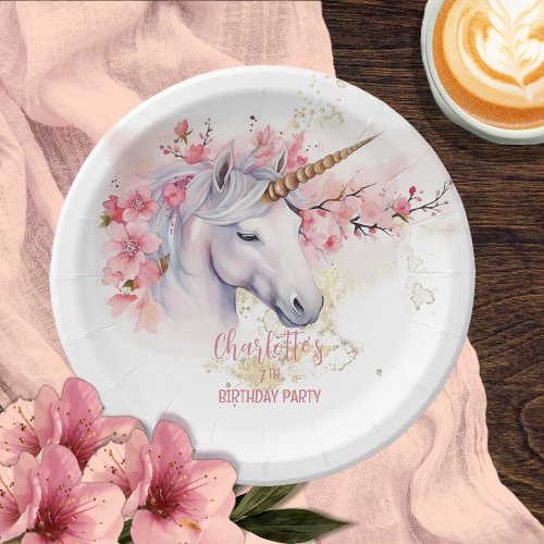 Mystical Unicorn Floral Girl 7th Birthday Party Paper Plates