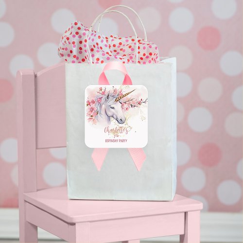 Mystical Unicorn Floral Girl 7th Birthday Party Square Sticker