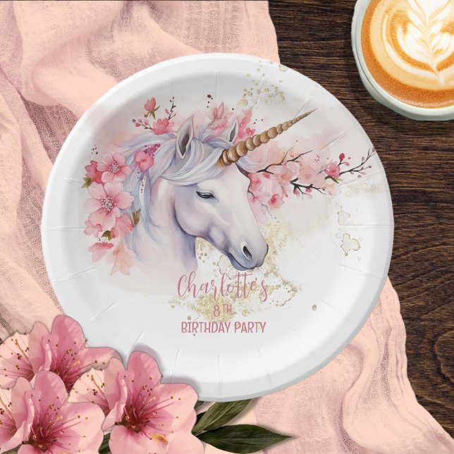 Mystical Unicorn Floral Girl 8th Birthday Party Paper Plates (Mystical Unicorn and Cherry Blossoms Pink Floral Girl 8th Birthday Party Paper Plates)
