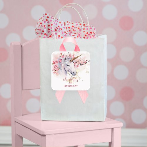 Mystical Unicorn Floral Girl 8th Birthday Party Square Sticker