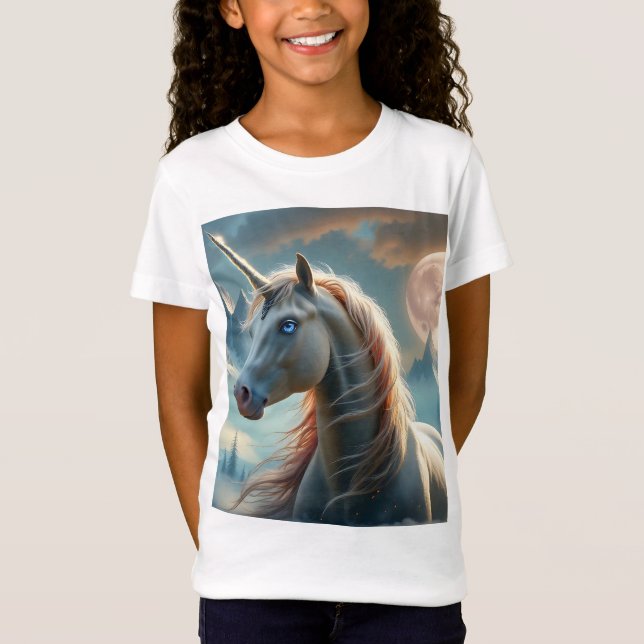 Mystical Unicorn in Enchanted Mountains T-Shirt (Front)