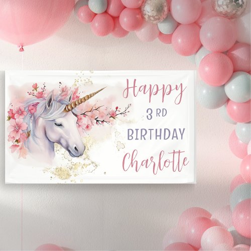 Mystical Unicorn  Pink Floral Girl 3rd Birthday Banner