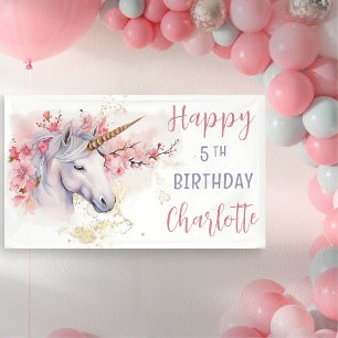 Mystical Unicorn   Pink Floral Girl 5th Birthday Banner