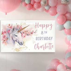 Mystical Unicorn Pink Floral Girl 8th Birthday Banner