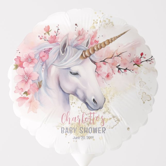 Mystical Unicorn | Pink Floral Girl Baby Shower Balloon (Front)
