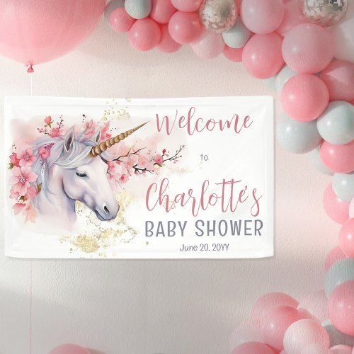 Mystical Unicorn  Pink Floral Girl Baby Shower Banner