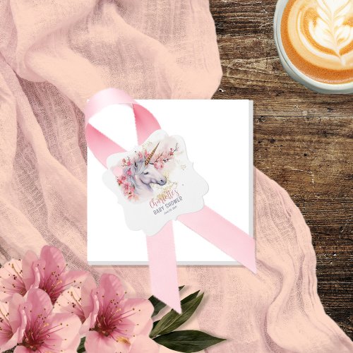 Mystical Unicorn  Pink Floral Girl Baby Shower Favor Tags