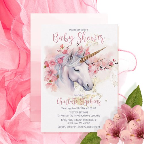Mystical Unicorn  Pink Floral Girl Baby Shower Invitation