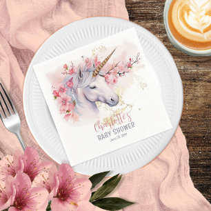 Mystical Unicorn Pink Floral Girl Baby Shower Napkins