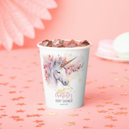Mystical Unicorn  Pink Floral Girl Baby Shower Paper Cups