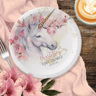 Mystical Unicorn Pink Floral Girl Baby Shower Paper Plates