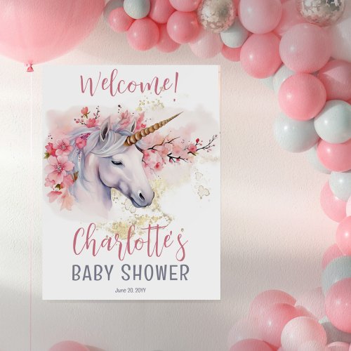 Mystical Unicorn  Pink Floral Girl Baby Shower Poster