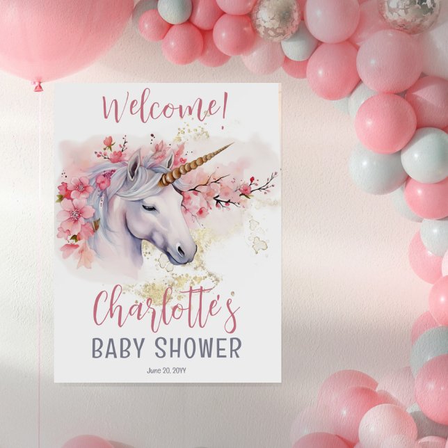 Mystical Unicorn | Pink Floral Girl Baby Shower Poster (Creator Uploaded)
