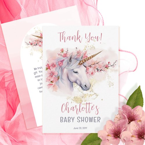 Mystical Unicorn  Pink Floral Girl Baby Shower Thank You Card
