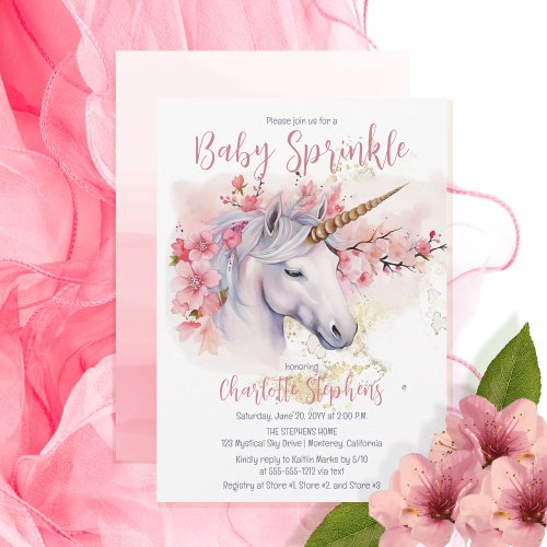 Mystical Unicorn  Pink Floral Girl Baby Sprinkle Invitation