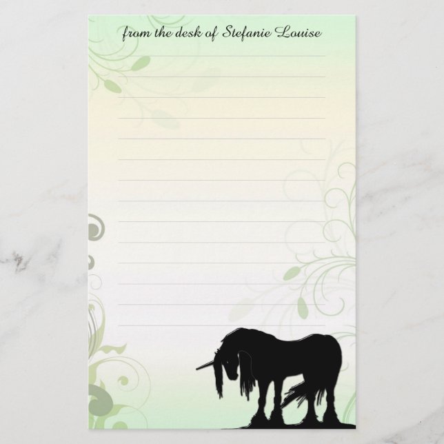 Mystical Unicorn w/lines (green/leafy) Stationery (Front)