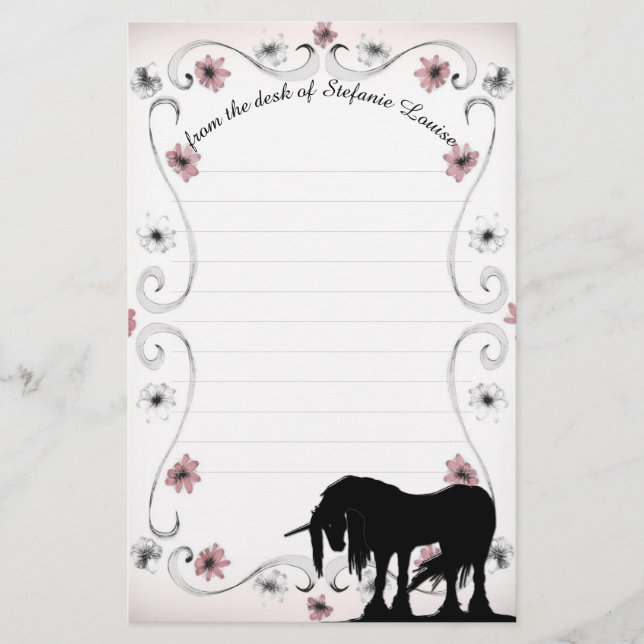 Mystical Unicorn w/lines (pink floral) Stationery (Front)