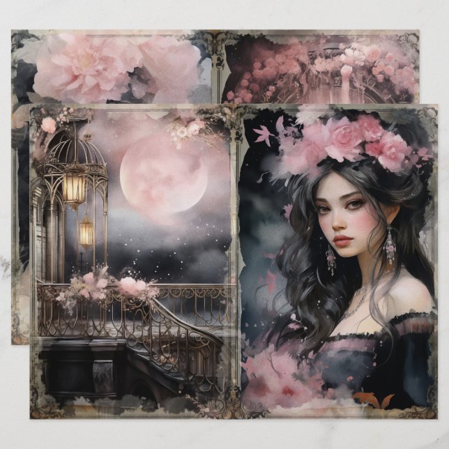 Mystical Victorian Lady Pink Junk Journal Page (Front/Back)