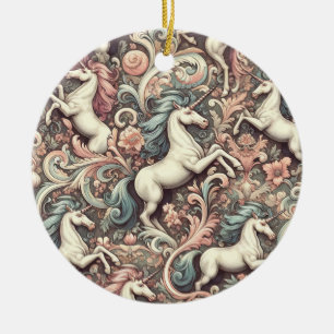 Mystical Victorian Unicorns: Enchanted Floral Ceramic Ornament