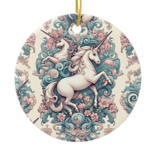 Mystical Victorian Unicorns: Enchanted Floral  Ceramic Ornament