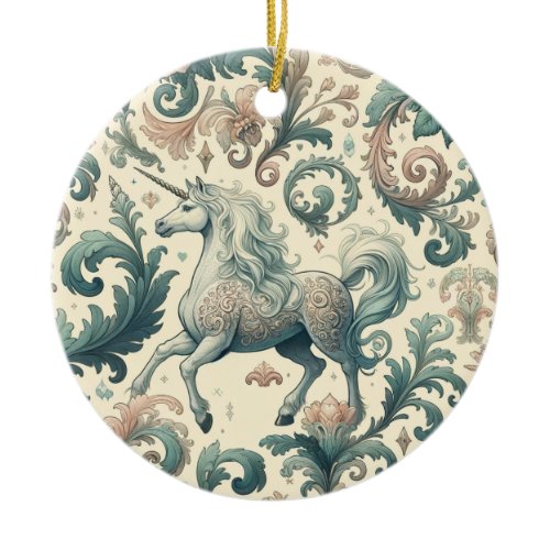 Mystical Victorian Unicorns: Enchanted Floral  Ceramic Ornament