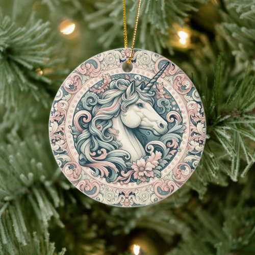 Mystical Victorian Unicorns: Enchanted Floral  Ceramic Ornament