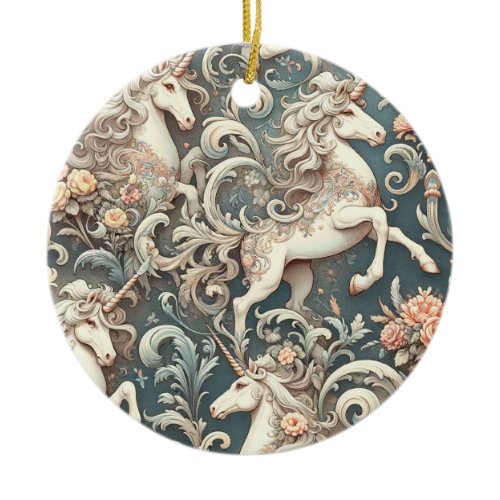 Mystical Victorian Unicorns: Enchanted Floral  Ceramic Ornament
