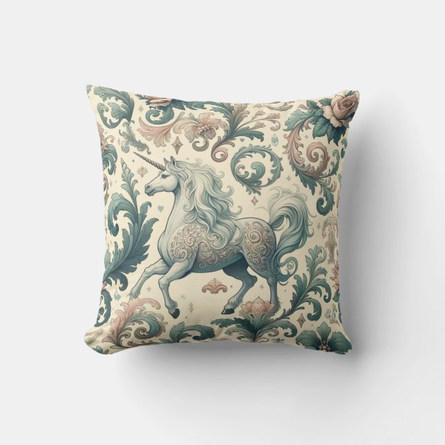 Mystical Victorian Unicorns: Enchanted Floral  Throw Pillow (Front)