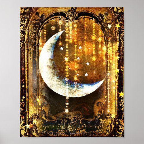 Mystical Vintage Gold Moon Crystals Poster