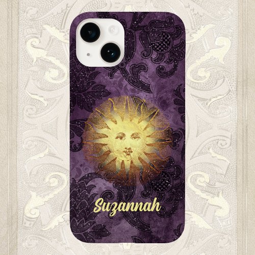 Mystical Vintage Sun Face on Purple Faux Brocade  Case_Mate iPhone 14 Case