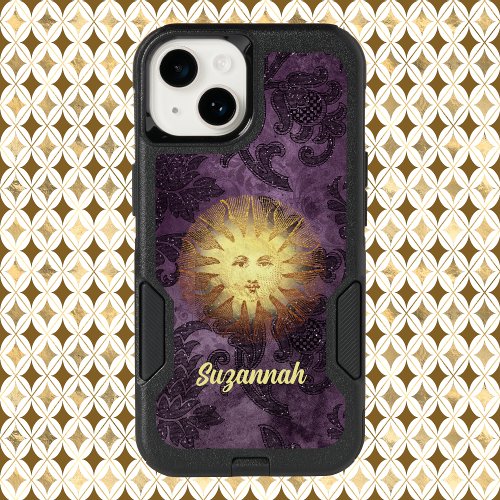 Mystical Vintage Sun Face on Purple Faux Brocade OtterBox iPhone 14 Case