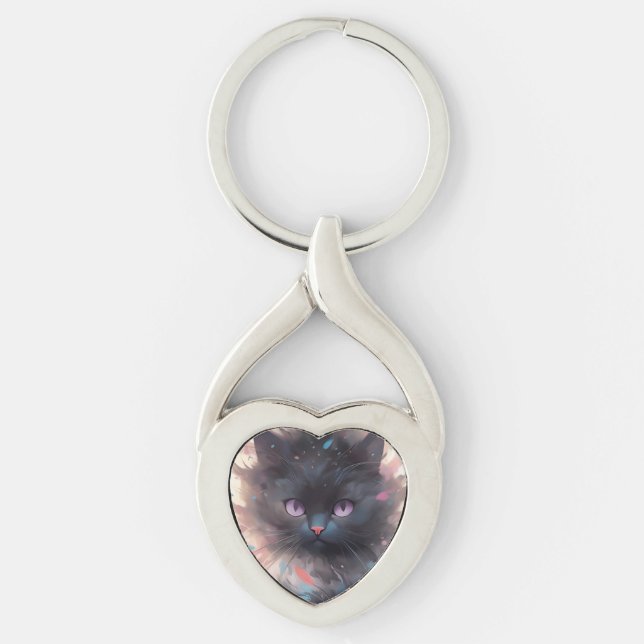 Mystical Watercolor Black Cat | Cute  Cat Keychain (Front)