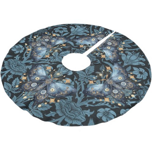 Mystical Watercolor Blue and Gold Night Moth Brushed Polyester Tree Skirt