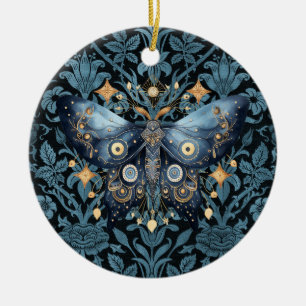Mystical Watercolor Blue and Gold Night Moth Ceramic Ornament