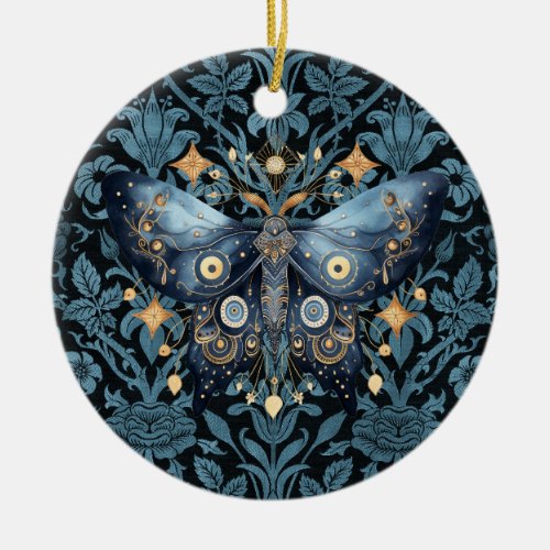 Mystical Watercolor Blue and Gold Night Moth Ceramic Ornament