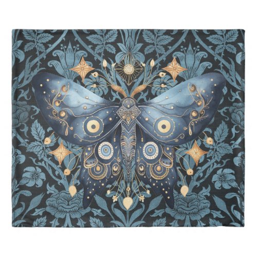 Mystical Watercolor Blue and Gold Night Moth Duvet Cover