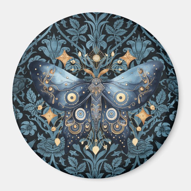 Mystical Watercolor Blue and Gold Night Moth Magnet (Front)