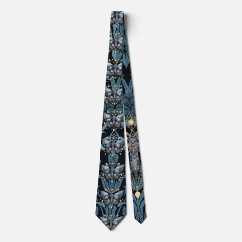 Mystical Watercolor Blue and Gold Night Moth Neck Tie