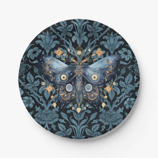 Mystical Watercolor Blue and Gold Night Moth Paper Plates (Front)