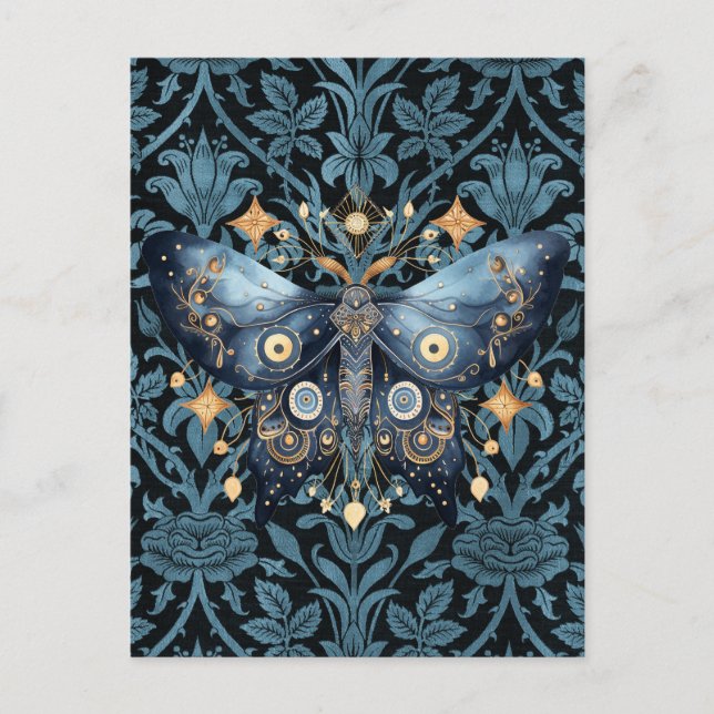 Mystical Watercolor Blue and Gold Night Moth Postcard (Front)