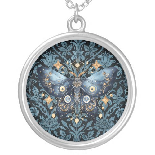 Mystical Watercolor Blue and Gold Night Moth Silver Plated Necklace