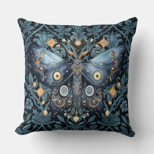 Mystical Watercolor Blue and Gold Night Moth Throw Pillow