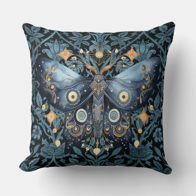 Mystical Watercolor Blue and Gold Night Moth Throw Pillow (Front)