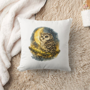 Mystical Watercolor Owl and Golden Crescent Moon Throw Pillow