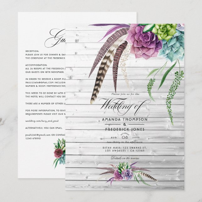 Mystical Watercolor Succulents Bohemian Wedding Invitation (Front/Back)